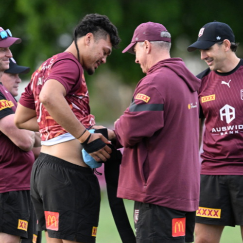 Nanai on ice after hip knock at Maroons training