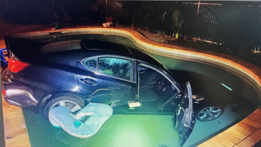 Chaotic stolen car joyride comes to crashing end in backyard pool